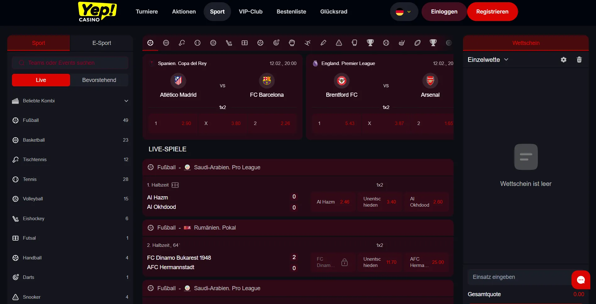 Yep Casino Sportwetten – Wetten auf Fußball, Tennis und eSports mit hohen Quoten